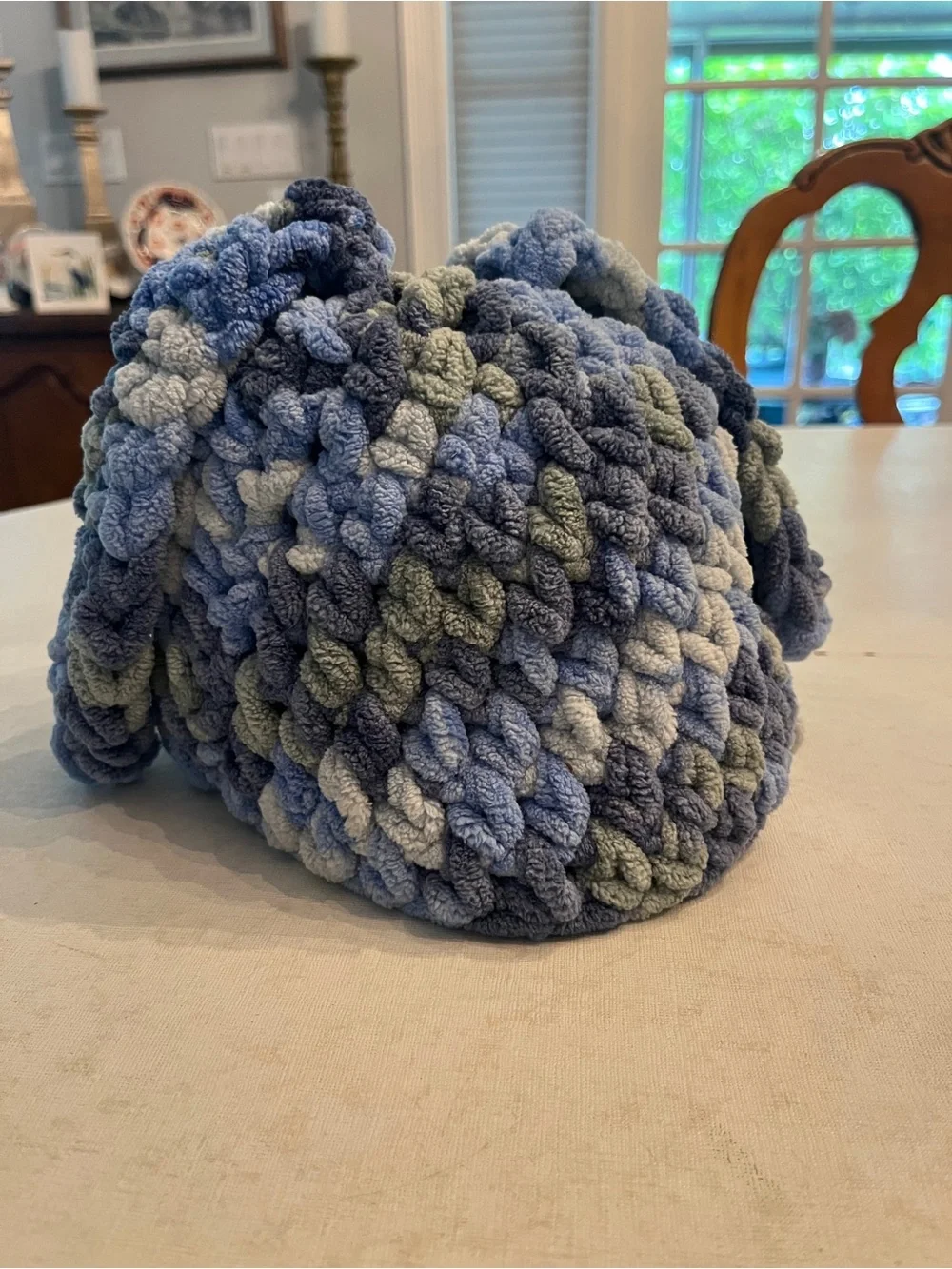 Handmade soft chunky multicolor blue Knit Bunny-Ear Kids Hat. So cute!